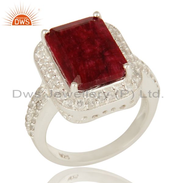 Prong Set Dyed Ruby Red Corundum And White Topaz Sterling Silver Cocktail Ring