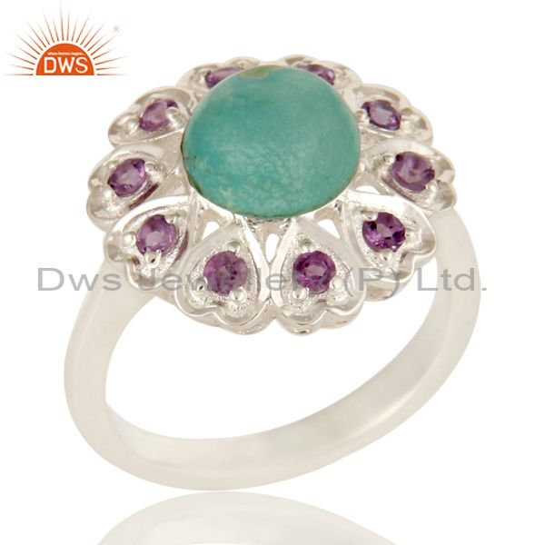 925 Sterling Silver Amethyst And Turquoise Gemstone Designer Cocktail Ring