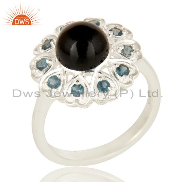 925 Sterling Silver Black Onyx And Blue Topaz Gemstone Cocktail Ring