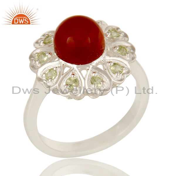 Natural Peridot And Red Onyx Gemstone Cocktail Ring Made In Sterling Silver