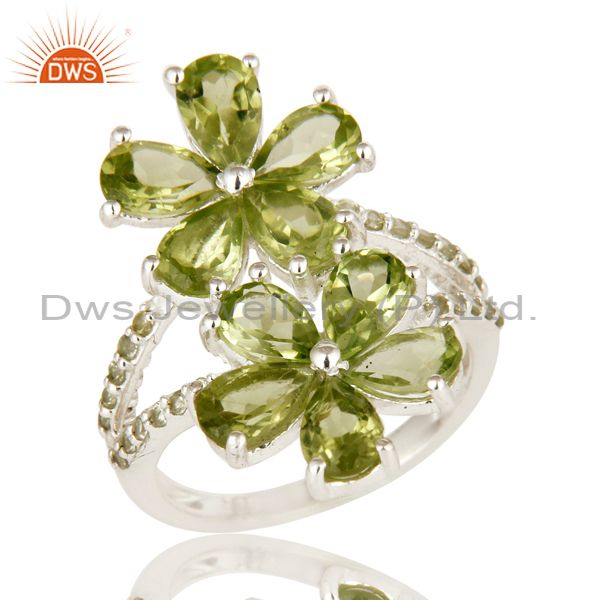 925 Sterling Silver Peridot And White Topaz Flower Cocktail Ring