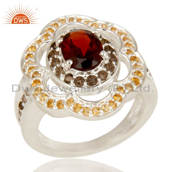 Garnet, Smoky Quartz And Citrine Sterling Silver Halo Solitaire Ring