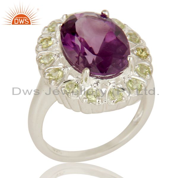 925 Sterling Silver Amethyst And Peridot Gemstone Halo Solitaire Ring
