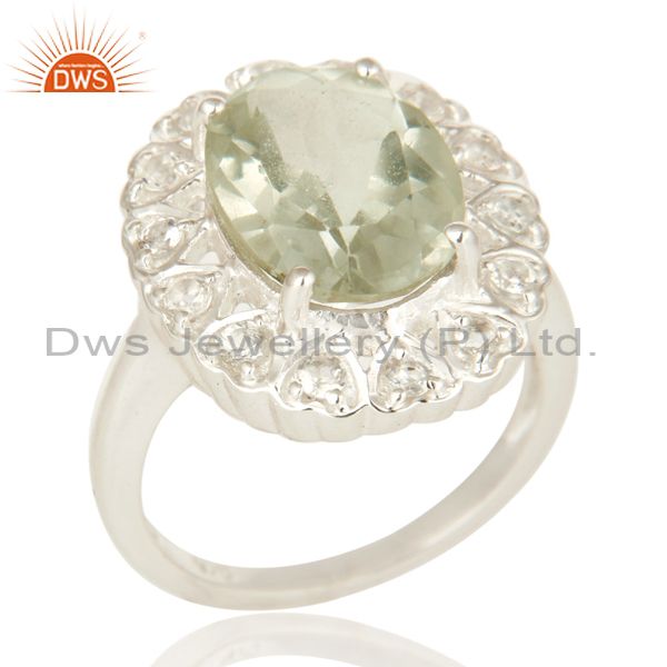 Natural Green Amethyst Sterling Silver Gemstone Halo Ring With White Topaz