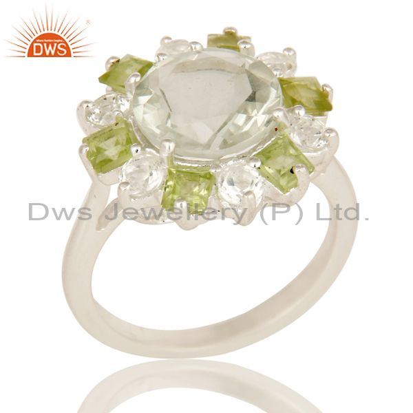 Green Amethyst Peridot And White Topaz Sterling Silver Cluster Cocktail Ring