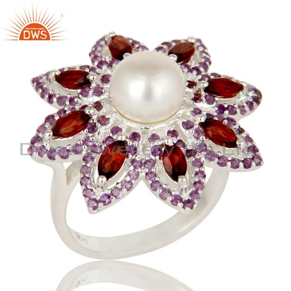 Pearl, Amethyst and Garnet Sterling Silver Flower Design Cocktail Ring