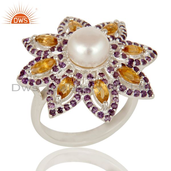 Pearl, Amethyst and Citrine Sterling Silver Flower Design Cocktail Ring