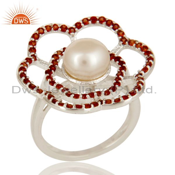 925 Sterling Silver Natural White Pearl And Garnet Gemstone Flower Cocktail Ring