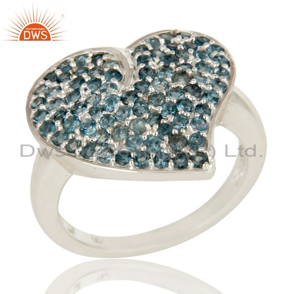 925 Sterling Silver Blue Topaz Gemstone Heart Design Cluster Ring