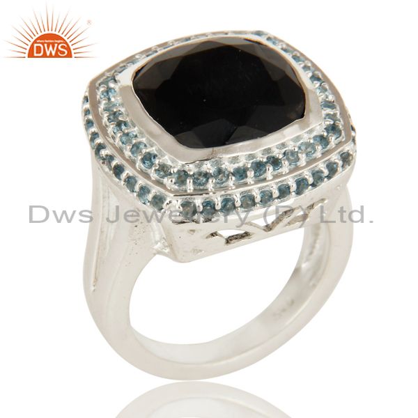 925 Sterling Silver Black Onyx And White Topaz Gemstone Cocktail Ring