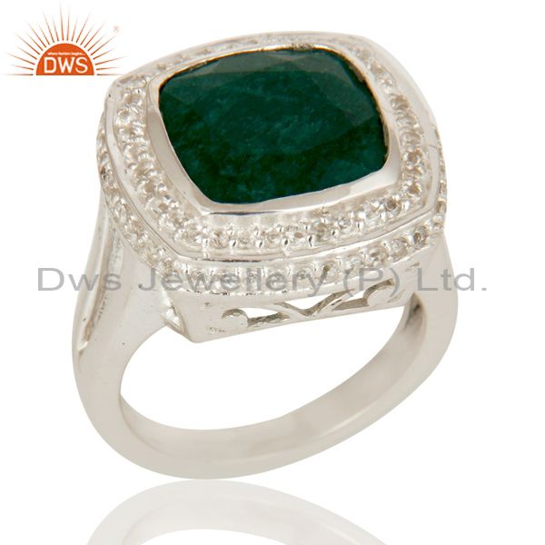Emerald Green Corundum And White Topaz Sterling Silver Cocktail Ring