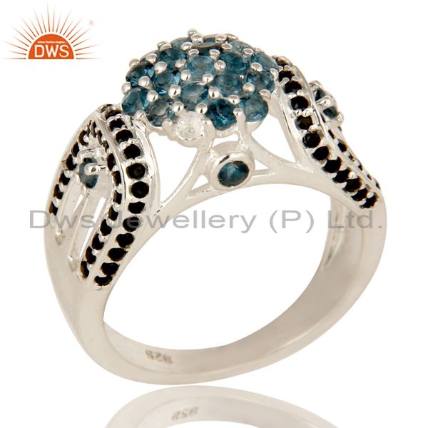 925 Sterling Silver London Blue Topaz And Black Spinel Cluster Cocktail Ring