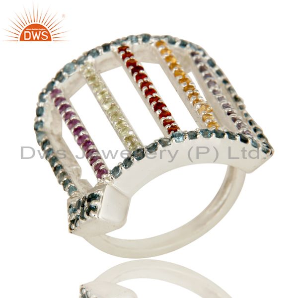 925 Sterling Silver Cluster Multi Colored Gemstone Designer Dome Ring