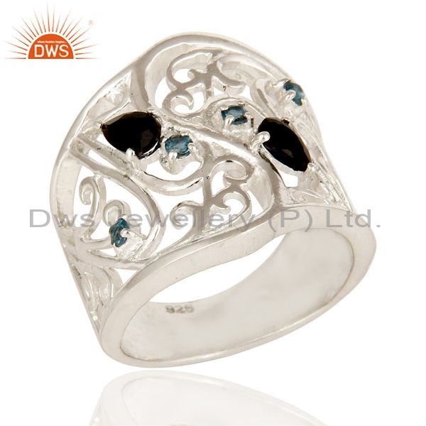 925 Sterling Silver Black Onyx And Blue Topaz Gemstone Designer Dome Ring