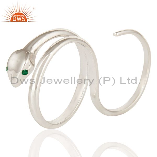 Emerald Gemstone High Polished Sterling Silver Two Finger Snake Adjustable Ring
