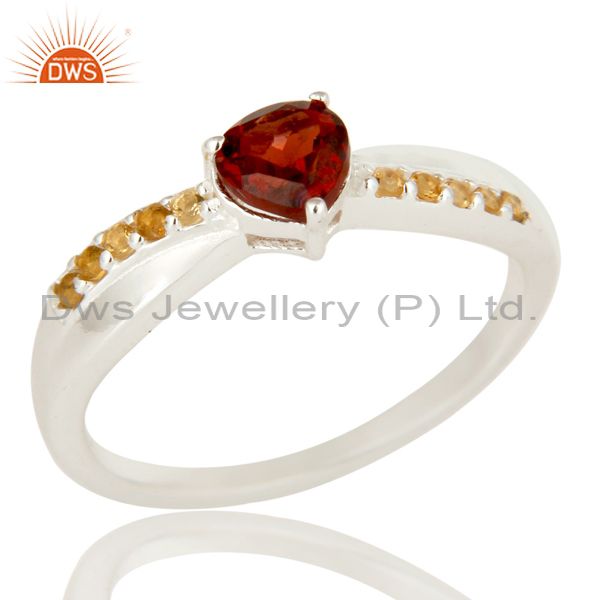 925 Sterling Silver Garnet And Citrine Trillion Cut Halo Ring