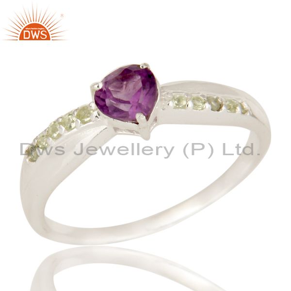 High Polish 925 Sterling Silver Amethyst And Peridot Halo Style Solitaire Ring