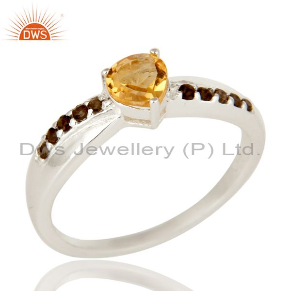 925 Sterling Silver Heart Cut Citrine And Smoky Quartz Prong Set Stack Ring