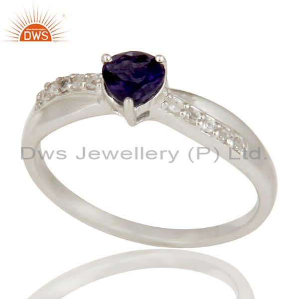 925 Sterling Silver Heart Cut Iolite And White Topaz Gemstone Halo Ring