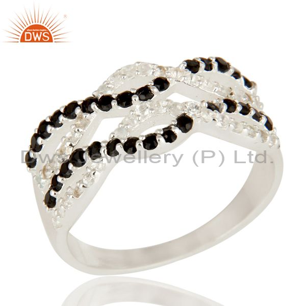 925 Sterling Silver Black Spinel And White Topaz Gemstone Infinity Dome Ring