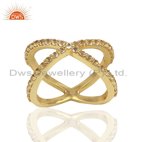 Criss Cross Gold Plated 925 Silver White Topaz X Ring Manufacturer