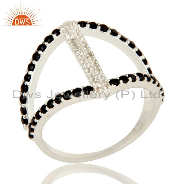 925 Sterling Silver Cutout Ring Studded With White Topaz And Black Onyx