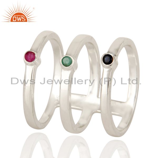 925 Sterling Silver Long Tri Bar Ring With Emerald, Ruby And Blue Sapphire