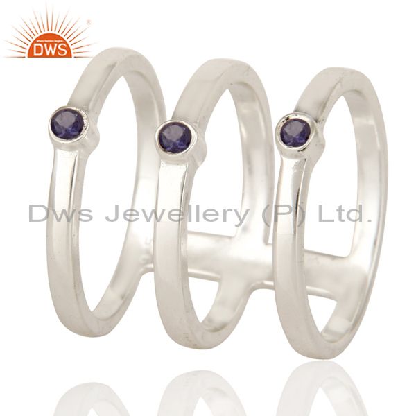 925 Sterling Silver Modern Design Tri Bar Ring With Iolite Gemstone