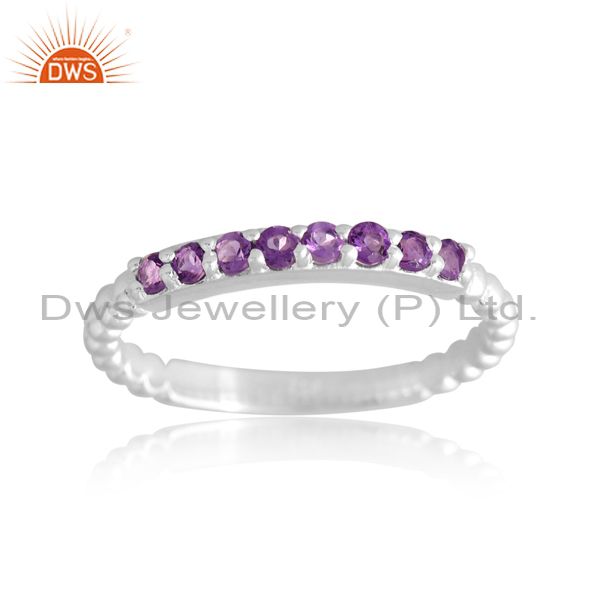 Silver White Ring With Amethyst Round Cut And High Polish