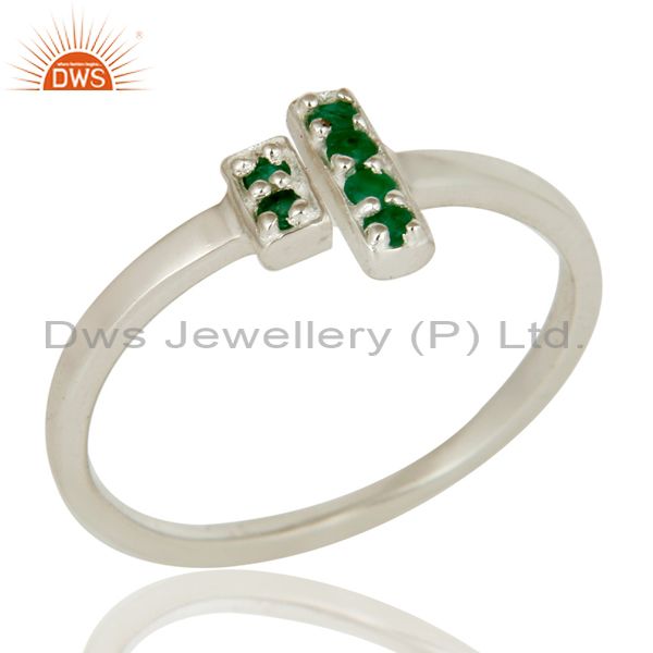 925 Sterling Silver Pave Set Emerald Gemstone Modern Design Open Bar Ring