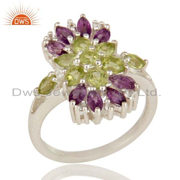 925 Sterling Silver Amethyst And Peridot Gemstone Cluster Statement Ring