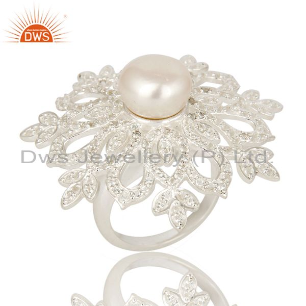 925 Sterling Silver White Topaz And Pearl Flower Cocktail Ring