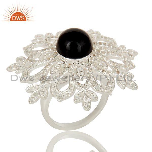 925 Sterling Silver Black Onyx And White Topaz Flower Designer Cocktail Ring