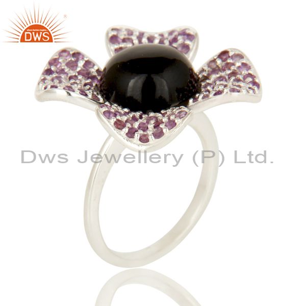 925 Sterling Silver Black Onyx And Amethyst Gemstone Flower Cocktail Ring