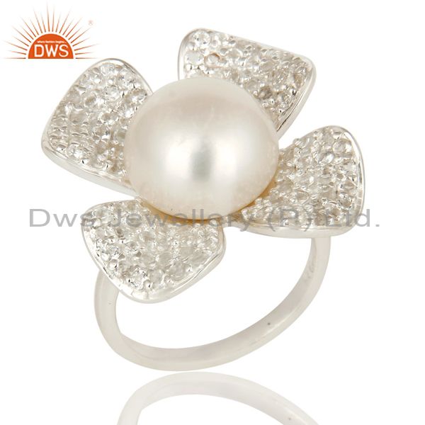 925 Sterling Silver Natural Pearl Flower Cocktail Fashion Ring With White Topaz