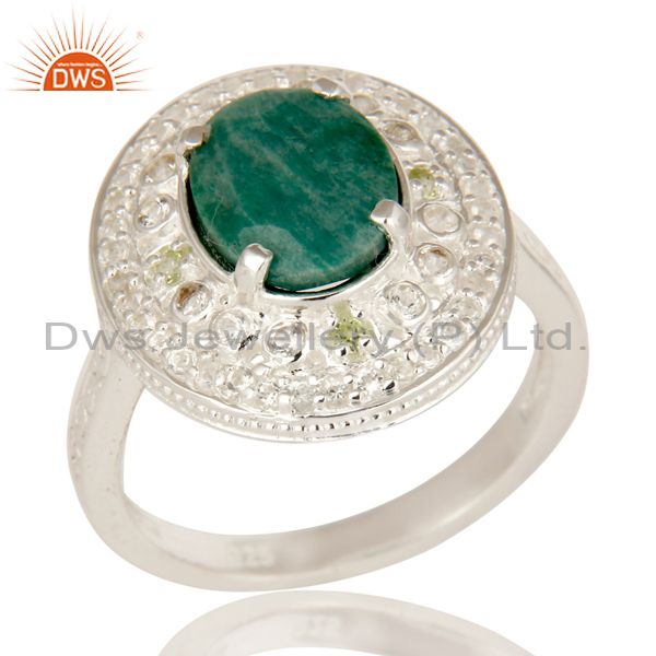 Green Corundum And Peridot Sterling Silver Statement Ring With White Topaz