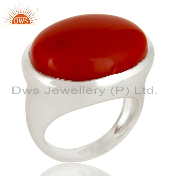 High Polished Sterling Silver Red Coral Gemstone Designer Dome Ring