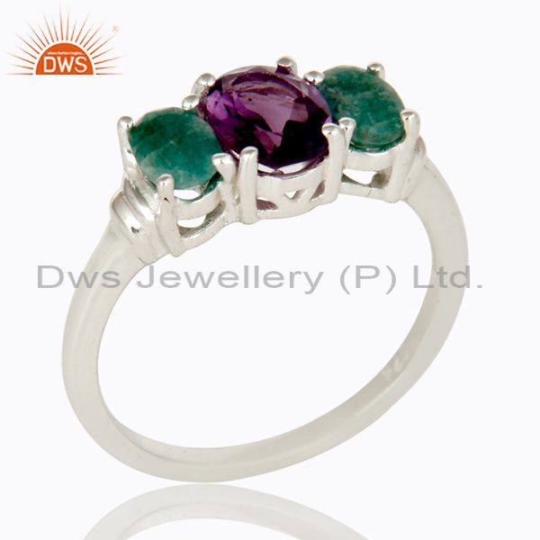 925 Sterling Silver Amethyst And Emerald Gemstone Prong Set Ring