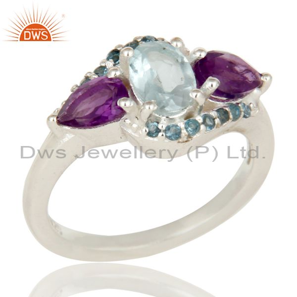 Amethyst and Blue Topaz Solid Sterling Silver Statement Ring Fine Gemstone Ring