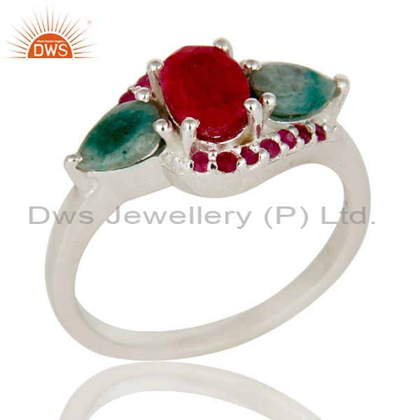 Ruby and Emerald Sterling Silver Statement Ring Fine Gemstone Birthstone Ring