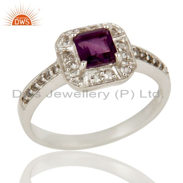 925 Sterling Silver Amethyst And White Topaz Gemstone Halo Style Ring