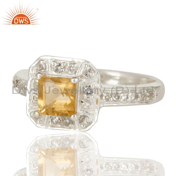 925 Sterling Silver Citrine And White Topaz Gemstone Halo Style Ring