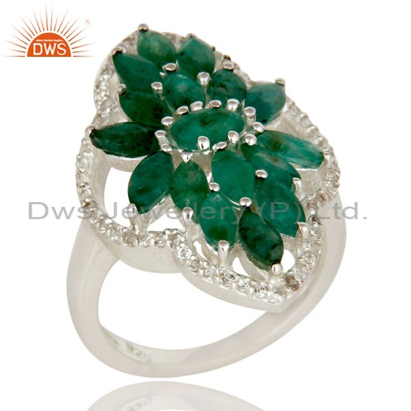 925 Sterling Silver Emerald And White Topaz Gemstone Statement Ring