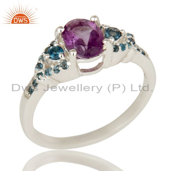 Natural Amethyst And Blue Topaz Sterling Silver Gemstone Halo Statement Ring