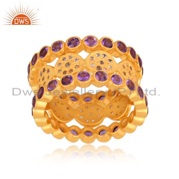14K Yellow Gold Plated Amethyst And White Topaz Eternity Band Ring 3 Pcs Set