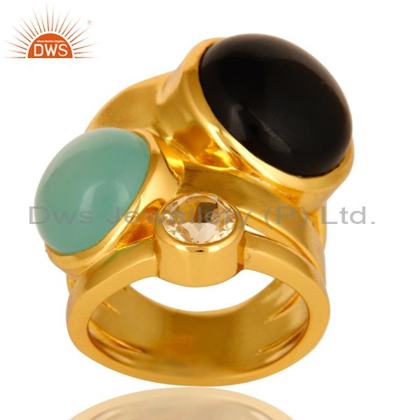 High Polish 14K Yellow Gold Plated Brass Black Onyx And Blue Chalcedony Ring