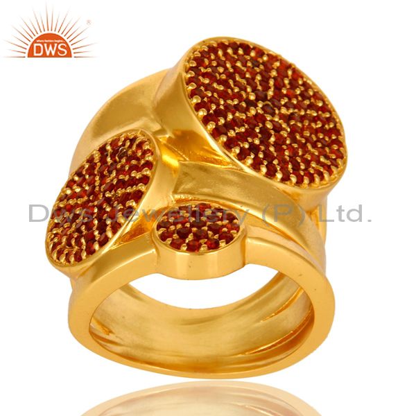 High Polish 14K Yellow Gold Plated Brass Garnet Gemstone Designer Fashion Ring
