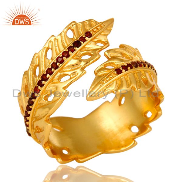 14K Yellow Gold Plated Brass Garnet Gemstone Fashion Leaf Design Adjustable Ring