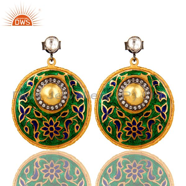 22K Yellow Gold Plated Sterling Silver CZ Polki And Enamel Design Dangle Earring