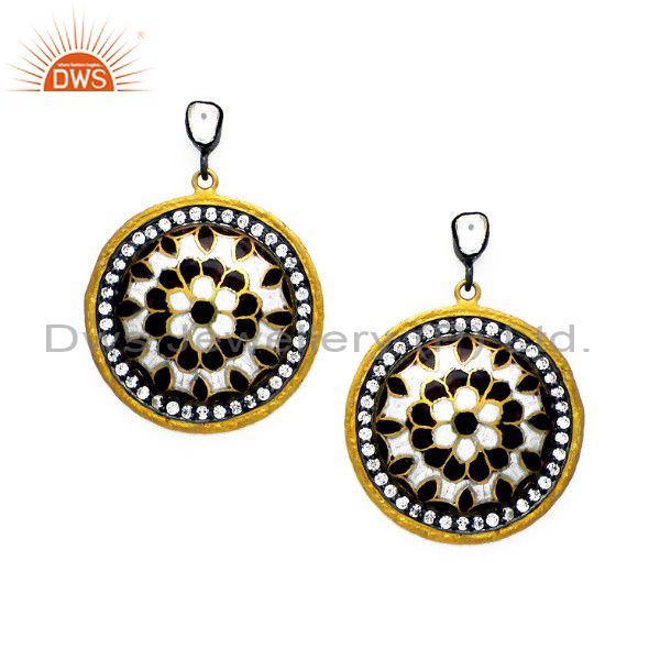 22K Yellow Gold Plated Sterling Silver Hammered CZ And Enamel Disc Earrings